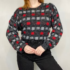 Vintage New Era Large Red & Gray Checkered Crewneck Dad/Grandpa Sweater